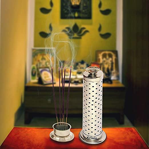 Metal Agarbatti Stand With Dhoop Holder (Silver)(Cylindrical)